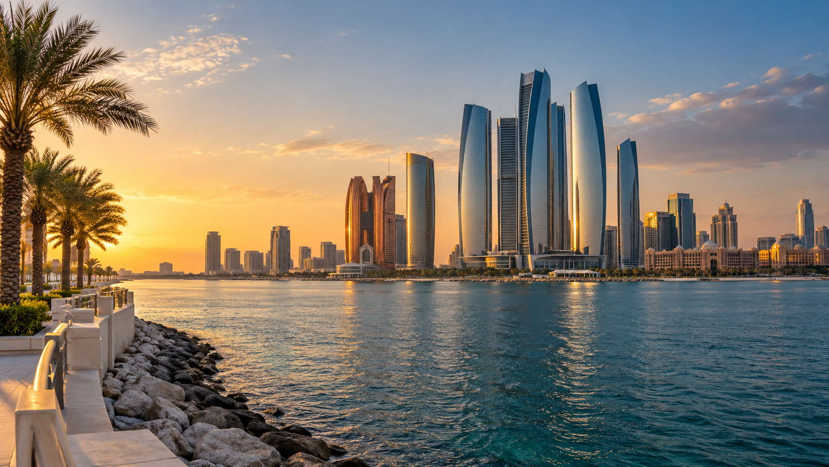 Abu Dhabi waterfront skyline with palms and towers in golden evening light.
