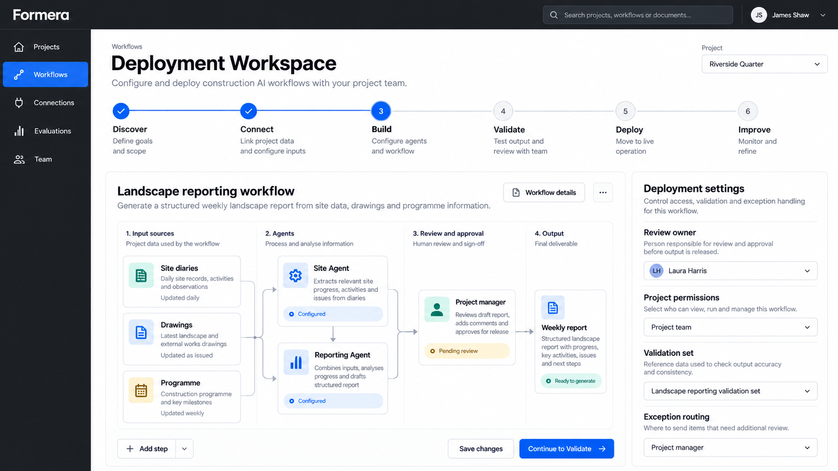 Formera deployment workspace with project connections, specialist agents and review owners.