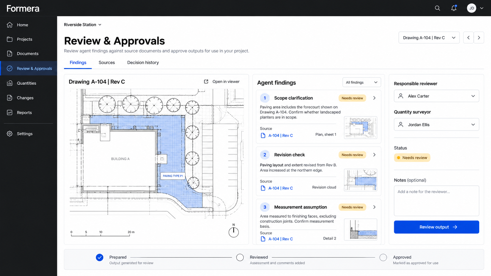 Formera Review and Approvals workspace comparing drawing revisions and responsible review.