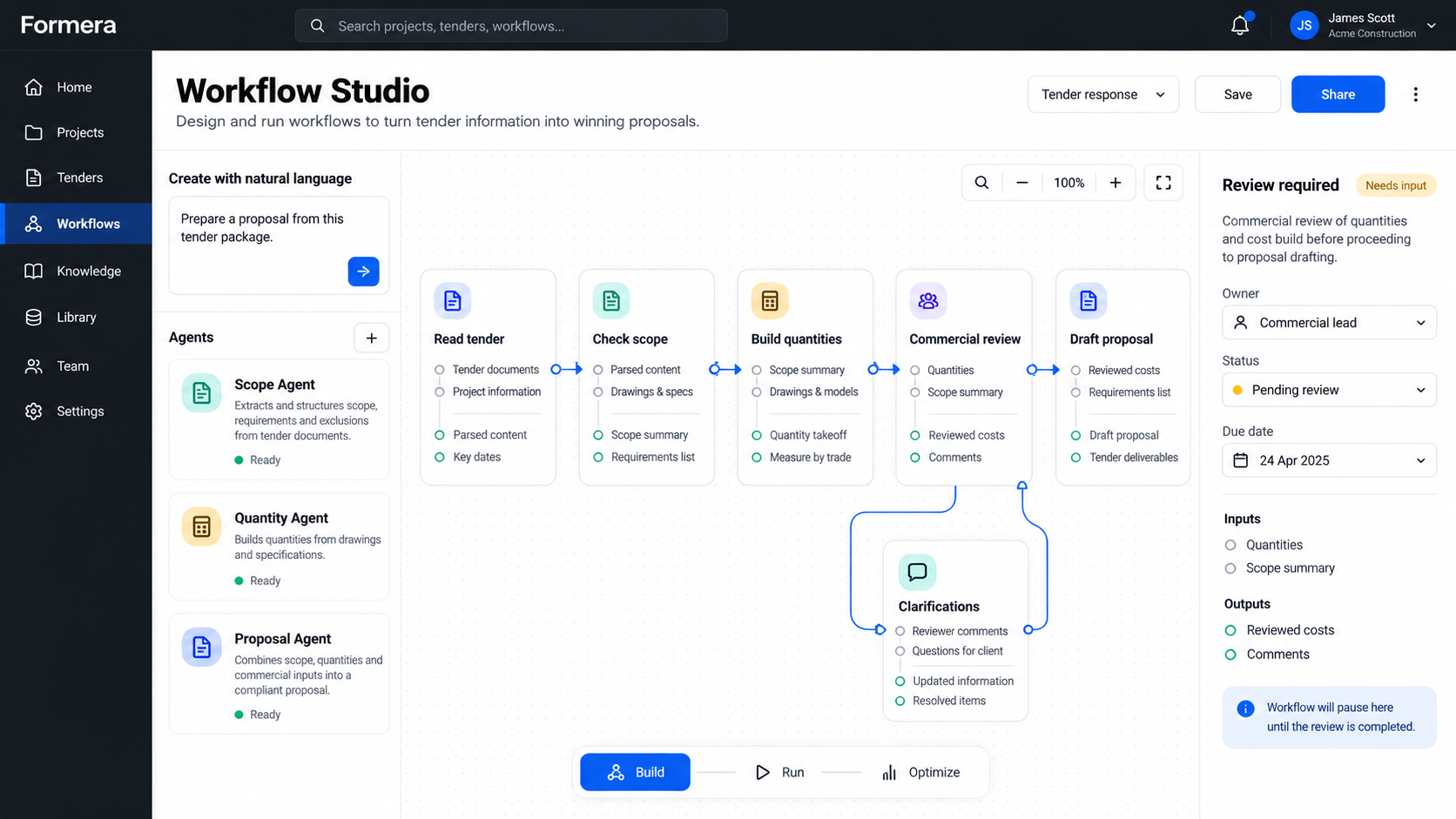 Formera Workflow Studio with connected specialist agents and a commercial review step.