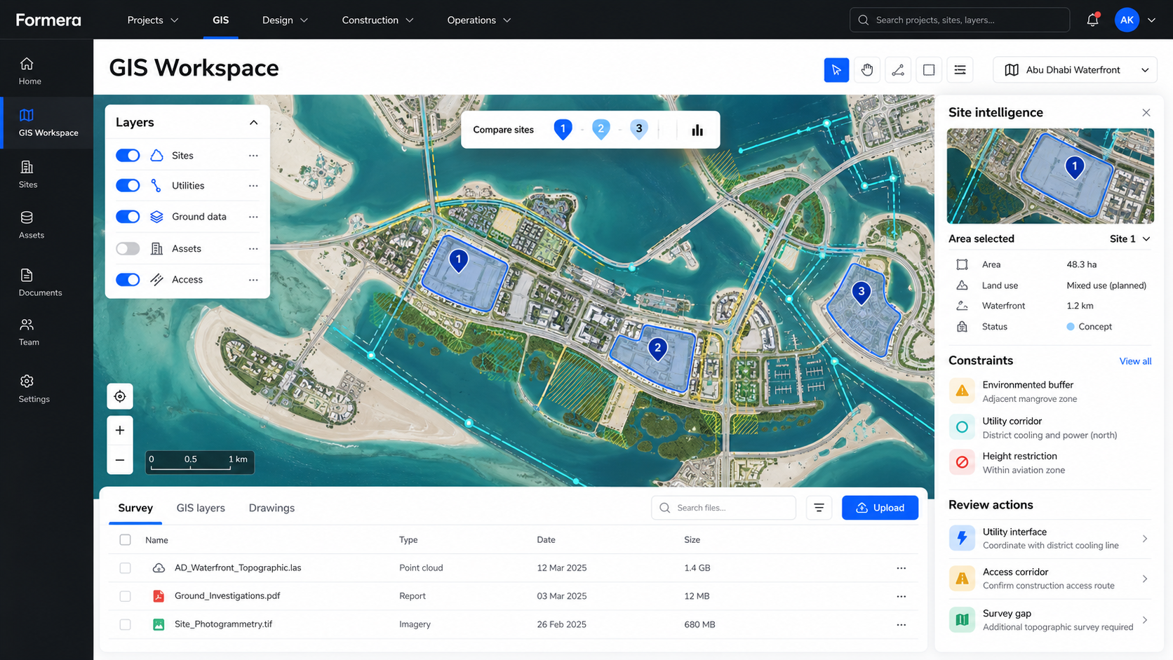Formera GIS workspace showing Abu Dhabi sites, utilities, ground layers and spatial constraints.