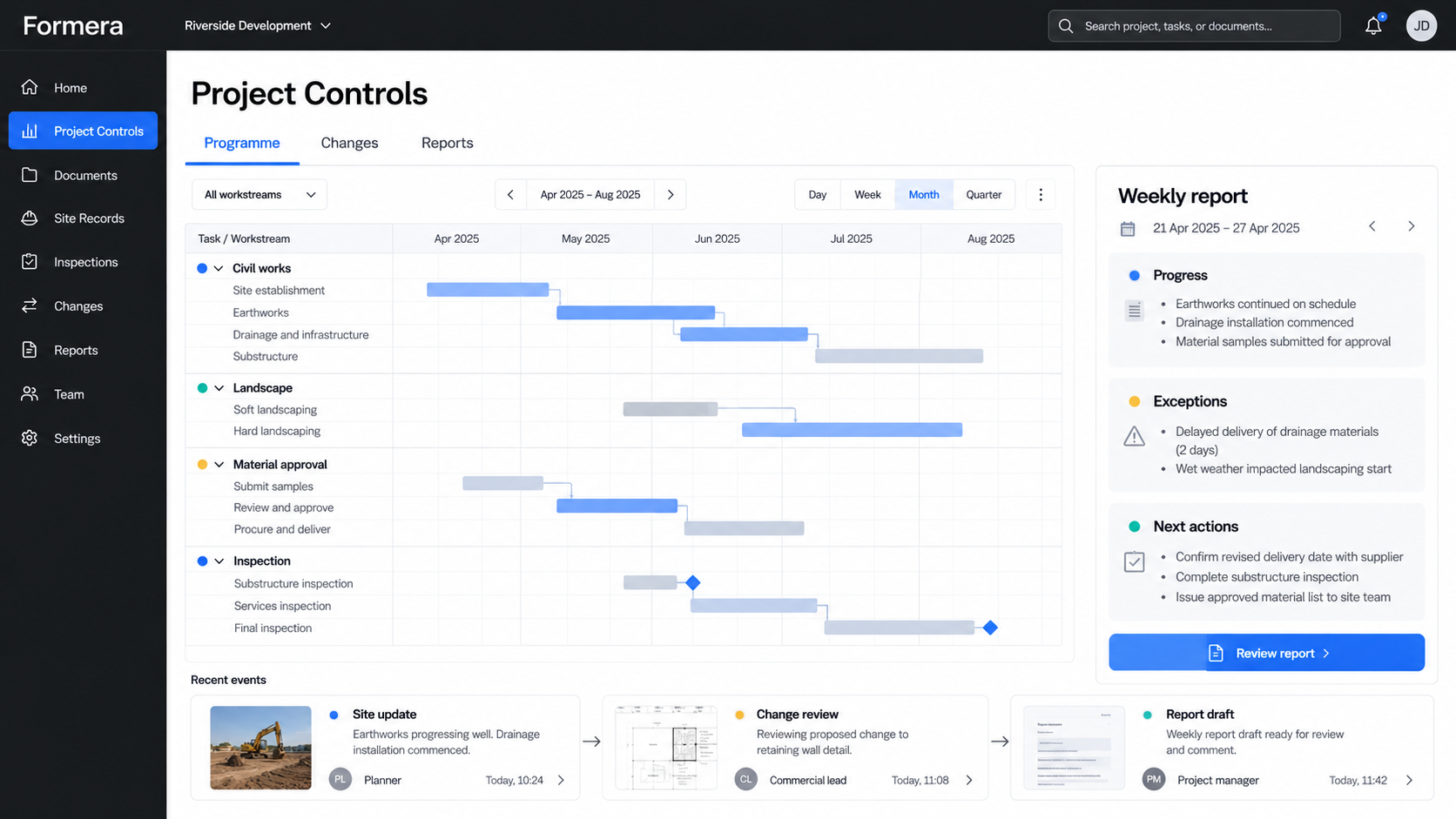 Formera Project Controls workspace with programme dependencies, changes and weekly reporting.