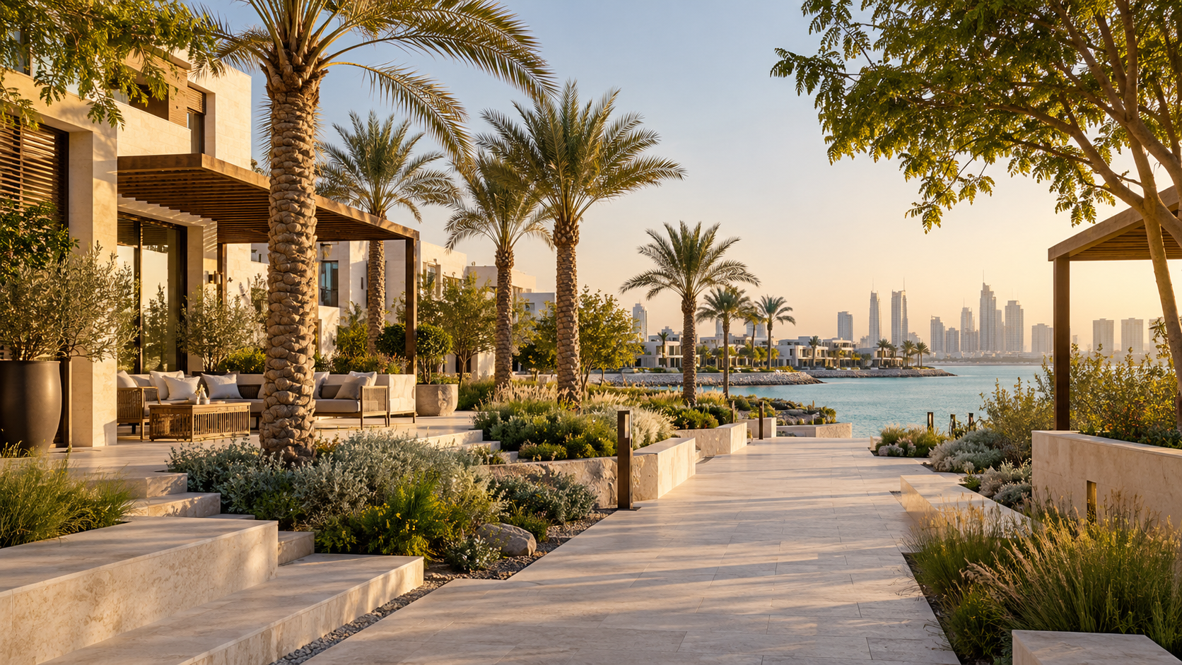 Abu Dhabi waterfront landscape with limestone paths, palms and shaded seating.
