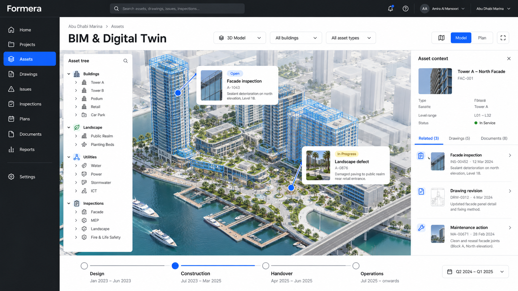 Formera BIM and Digital Twin workspace connecting building models, inspections and asset context.